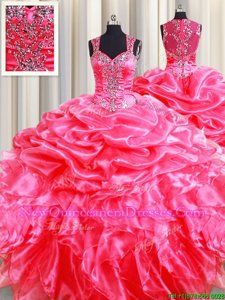 Superior Zipper Up See Through Back Hot Pink Ball Gowns Straps Sleeveless Organza Floor Length Zipper Beading and Ruffles and Pick Ups Quinceanera Gowns