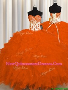 Adorable Orange Sleeveless Organza Lace Up Quinceanera Gown for Military Ball and Sweet 16 and Quinceanera