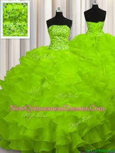 Superior Lace Up Sweet 16 Dresses Yellow Green and In for Military Ball and Sweet 16 and Quinceanera withBeading and Ruffles Sweep Train