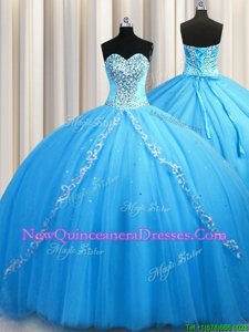 Luxurious Brush Train Ball Gowns Vestidos de Quinceanera Baby Blue Sweetheart Tulle Sleeveless Lace Up