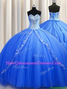 Elegant Blue Sleeveless Tulle Brush Train Lace Up Quinceanera Gowns for Military Ball and Sweet 16 and Quinceanera