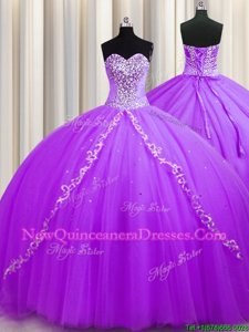 Shining Beading Ball Gown Prom Dress Purple Lace Up Sleeveless Sweep Train
