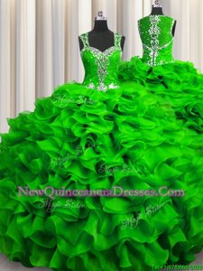 Spectacular Zipple Up See Through Back Spring Green Zipper Quinceanera Dress Beading and Ruffles Sleeveless Floor Length