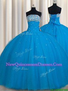 Glittering Really Puffy Teal Lace Up Strapless Beading and Sequins Sweet 16 Dress Tulle Sleeveless