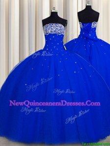 Really Puffy Royal Blue Lace Up Strapless Beading and Sequins Quinceanera Dress Tulle Sleeveless