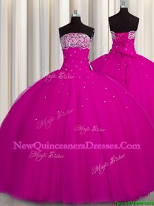 Puffy Skirt Strapless Sleeveless Sweet 16 Quinceanera Dress Floor Length Beading and Sequins Fuchsia Tulle