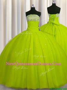 Clearance Big Puffy Floor Length Lace Up Sweet 16 Dress Yellow Green and In for Military Ball and Sweet 16 and Quinceanera withBeading and Sequins