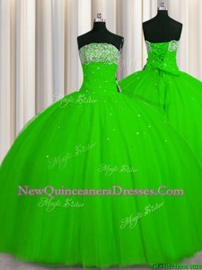Big Puffy Spring Green Lace Up Ball Gown Prom Dress Beading and Sequins Sleeveless Floor Length