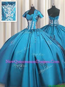 Delicate Teal Taffeta Lace Up Sweetheart Short Sleeves Floor Length Quinceanera Dress Beading and Appliques and Ruching