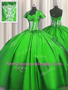 Romantic Spring Green 15th Birthday Dress Military Ball and Sweet 16 and Quinceanera and For withBeading and Appliques and Ruching Sweetheart Short Sleeves Lace Up