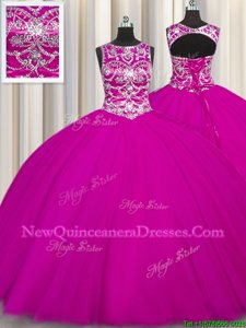 Gorgeous Fuchsia Ball Gowns Scoop Sleeveless Tulle Floor Length Lace Up Beading and Appliques Sweet 16 Dress