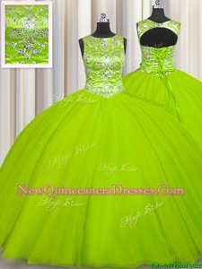 Perfect Floor Length Yellow Green 15th Birthday Dress Scoop Sleeveless Lace Up