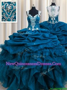 Modern Zipple Up See Through Back Teal Ball Gowns Beading and Ruffles and Sequins and Pick Ups Sweet 16 Dress Zipper Organza Sleeveless Floor Length