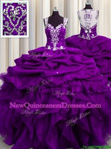 Fantastic See Through Back Straps Sleeveless Quinceanera Gown Floor Length Beading and Ruffles and Sequins and Pick Ups Eggplant Purple and Purple Organza