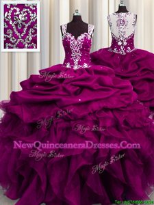 Low Price See Through Back Floor Length Zipper Quinceanera Gowns Fuchsia and In for Military Ball and Quinceanera withBeading and Ruffles and Sequins