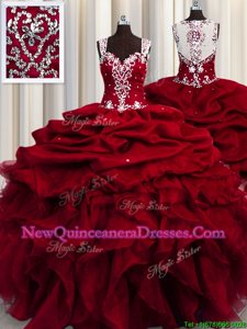 Luxurious See Through Floor Length Zipper Quinceanera Gowns Wine Red and In for Military Ball and Sweet 16 and Quinceanera withBeading and Ruffles and Sequins