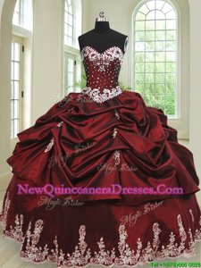 Pretty Sleeveless Taffeta Floor Length Lace Up Quinceanera Gowns inWine Red withBeading and Appliques and Pick Ups