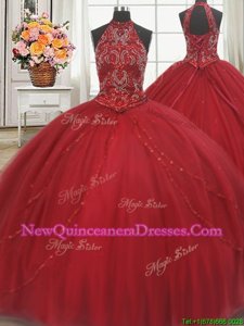 Latest Halter Top Lace Up Quinceanera Gown Red and In for Military Ball and Sweet 16 and Quinceanera withBeading and Appliques Court Train