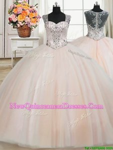 Lovely See Through Back Zipper Up Straps Spring and Summer and Fall and Winter Tulle Cap Sleeves Floor Length Quinceanera Dress andBeading