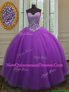 Dynamic Eggplant Purple Ball Gowns Tulle Sweetheart Sleeveless Beading Floor Length Lace Up Quinceanera Gowns