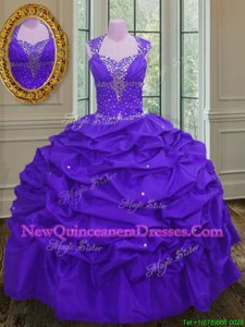Luxury Straps Straps Eggplant Purple Taffeta Lace Up Vestidos de Quinceanera Sleeveless Floor Length Beading and Pick Ups