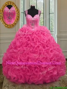 Latest Straps Straps Beading and Ruffles Quinceanera Gowns Hot Pink Zipper Sleeveless Floor Length