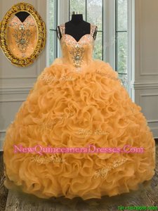Trendy Orange Sleeveless Floor Length Beading and Ruffles Zipper Vestidos de Quinceanera