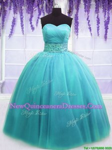 Excellent Sweetheart Sleeveless Quince Ball Gowns Floor Length Belt Blue Tulle