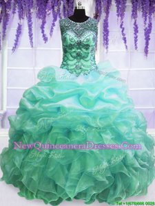 Fashionable Turquoise Lace Up Scoop Beading and Pick Ups Sweet 16 Quinceanera Dress Organza Sleeveless