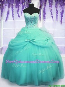 Sumptuous Tulle Sweetheart Sleeveless Lace Up Beading and Sequins and Bowknot 15 Quinceanera Dress inAqua Blue