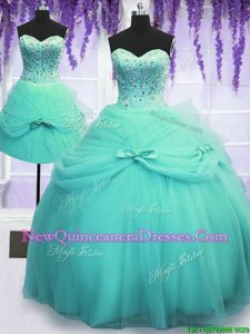 Dramatic Three Piece Aqua Blue Tulle Lace Up Quinceanera Dress Sleeveless Floor Length Beading and Bowknot