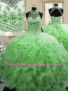 Unique Spring Green Lace Up Halter Top Beading and Ruffles Quinceanera Dresses Tulle Sleeveless