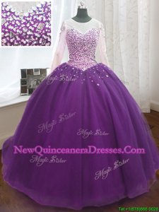 Luxury Scoop Sequins Purple Long Sleeves Organza Sweep Train Lace Up Sweet 16 Dress for Military Ball and Sweet 16 and Quinceanera