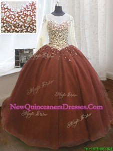 Top Selling Brown Scoop Lace Up Beading and Sequins 15th Birthday Dress Sweep Train Long Sleeves