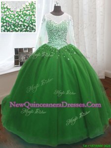 Cute Scoop Long Sleeves Sweep Train Beading and Sequins Lace Up Quince Ball Gowns