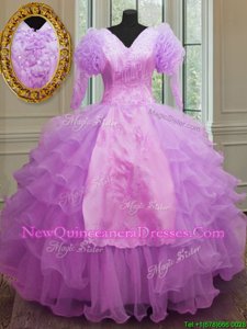 Exquisite Ruffled Layers Quinceanera Dress Lilac Zipper Long Sleeves Floor Length