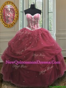 Chic Burgundy Ball Gowns Organza Sweetheart Sleeveless Sequins and Pick Ups Floor Length Lace Up Quinceanera Gown