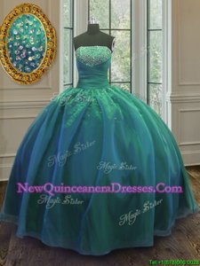 Delicate Teal Ball Gowns Strapless Sleeveless Organza and Taffeta Floor Length Lace Up Sequins Quinceanera Dresses