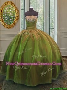 Charming Sequins Olive Green Sleeveless Organza and Taffeta Lace Up Sweet 16 Quinceanera Dress for Military Ball and Sweet 16 and Quinceanera