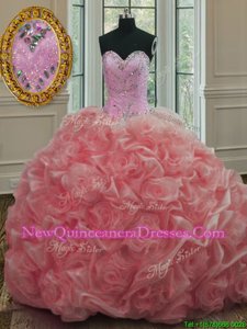 Cute Sweetheart Sleeveless Quinceanera Gown Sweep Train Beading Watermelon Red Organza