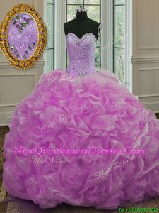 Pretty Lilac Lace Up Sweetheart Beading and Pick Ups Sweet 16 Quinceanera Dress Organza Sleeveless Sweep Train