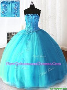 Cheap Strapless Sleeveless Quinceanera Dresses Floor Length Beading and Appliques Baby Blue Tulle