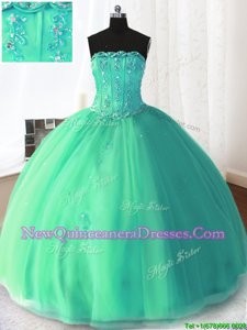 Edgy Turquoise Tulle Lace Up Strapless Sleeveless Floor Length Vestidos de Quinceanera Beading and Appliques