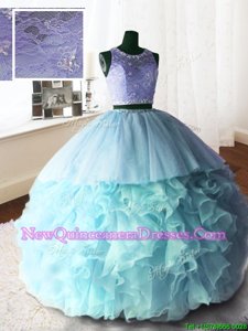 Amazing Scoop Baby Blue Sleeveless Organza and Tulle and Lace Brush Train Zipper Ball Gown Prom Dress for Military Ball and Sweet 16 and Quinceanera