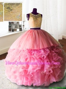 Stylish Scoop Rose Pink Sleeveless Organza and Tulle and Lace Brush Train Zipper Ball Gown Prom Dress for Military Ball and Sweet 16 and Quinceanera
