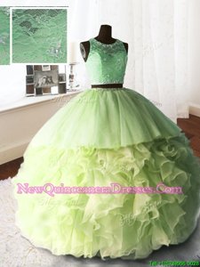 Dynamic Scoop Beading and Lace and Ruffles Quinceanera Gowns Yellow Green Zipper Sleeveless With Brush Train