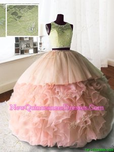 Great Scoop Baby Pink Sleeveless Brush Train Beading and Lace and Ruffles With Train Ball Gown Prom Dress