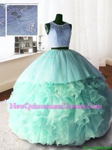 Scoop Lace With Train Ball Gowns Sleeveless Apple Green 15 Quinceanera Dress Brush Train Zipper