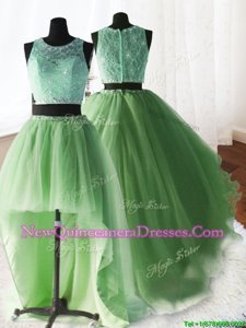 Inexpensive Three Piece Brush Train Ball Gowns Sweet 16 Dress Yellow Green Scoop Organza and Tulle and Lace Sleeveless With Train Zipper