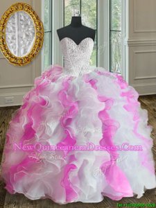 Eye-catching Organza Sweetheart Sleeveless Lace Up Beading and Ruffles Quinceanera Dresses in White and Pink